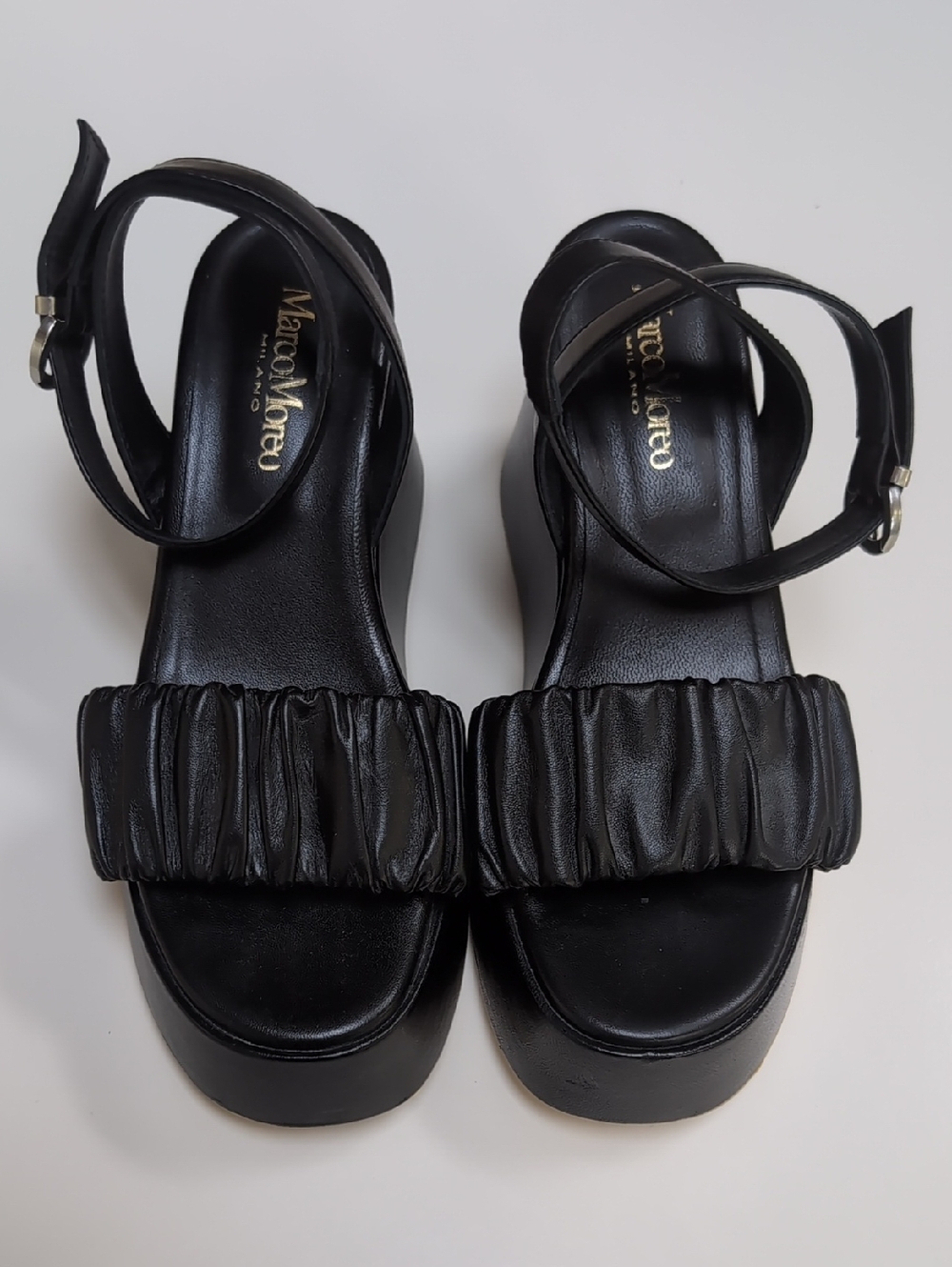Marco Moreo Milano Black Platform Sandals Ruched Ankle Strap Chunky Italian 38.5